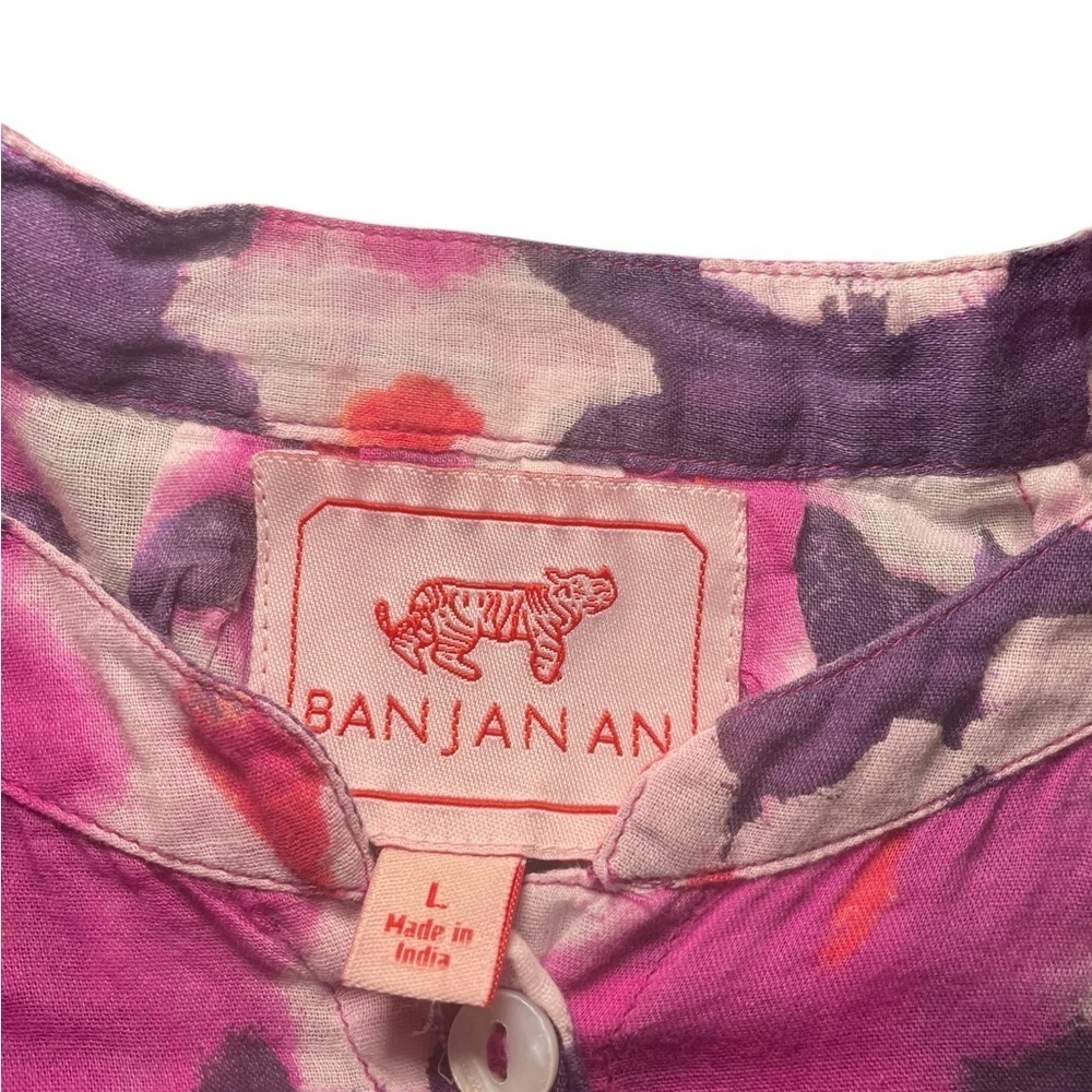 Banjanan People Floral Blouse Size Large 100% Cotton Long Sleeve Purple Pink Top - Picture 7 of 7